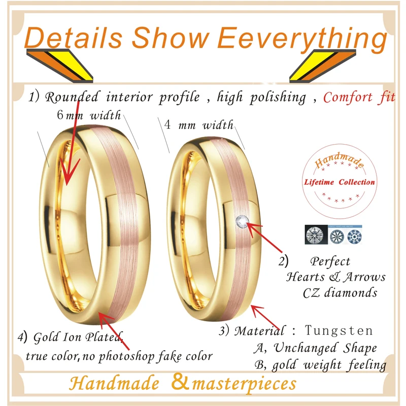 Men's jewelry Wedding Band Tungsten Ring Bridal set rose yellow gold color bague anel anillos Couple Rings for women (1)