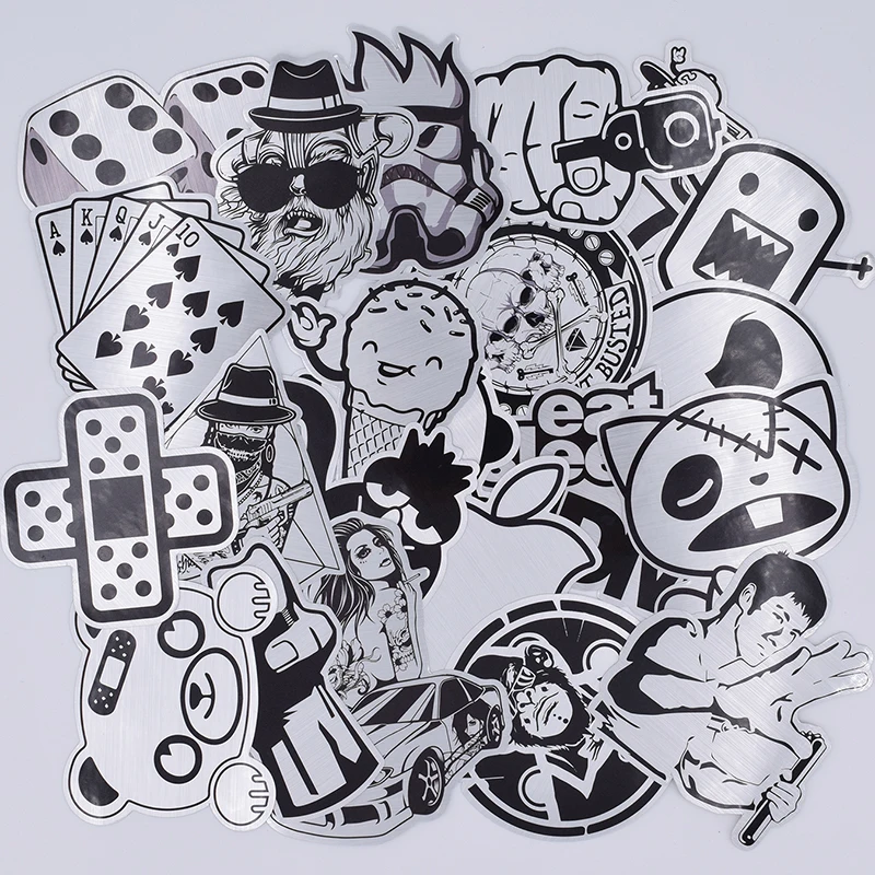 Hot Sale 50 Pcs Black and White Metallic Style Stickers for Laptop Luggage Skateboard Car Styling Guitar Waterproof |