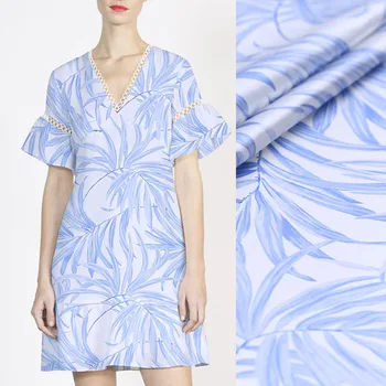 

108CM Wide 19MM Blue Leaves Print 93% Silk & 7% Spandex Stretch Silk Satin Fabric for Summer Dress Cheongsam Pants B154