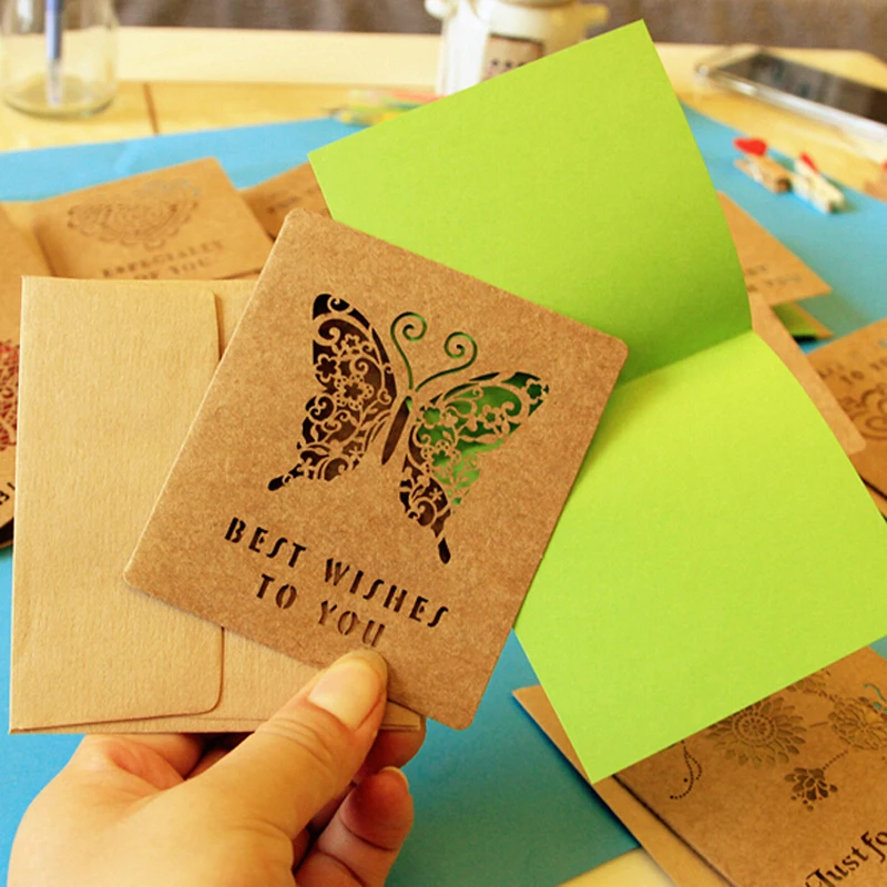 

15pcs/lot Creative Delicate Hollow Out Kraft Paper Birthday Greeting Card Elegant Envelope Lovely Gift Card Stationery Papelaria