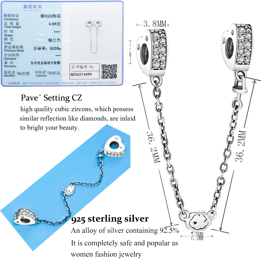 Подлинная 925 пробы Серебряная безопасная цепь Шарм Подходит Пандора Шарм браслет Berloque 925 Серебро DIY ювелирные изделия