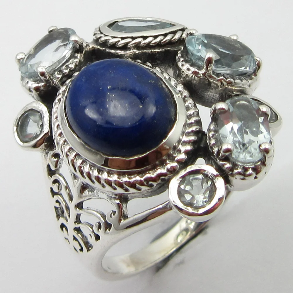 

Lapis Lazuli, Blue Topazs Ring Size 7.25 Solid Silver Fashion Gift Unique Designed