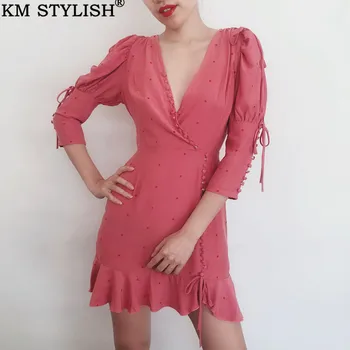 

2019 Spring Summer New French Vintage One-piece Dress Puff Sleeve Girl Sweet Pink V-neck Ruffled Fairy Polka Dot Dress