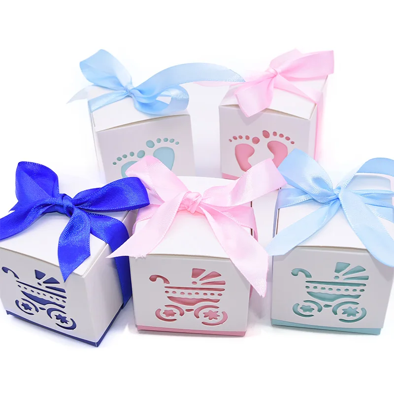 10 шт. милые детские коляски с изображением следа, коробка для конфет с атласной лентой, вечерние подарочные бумажные коробки для мальчиков и девочек, подарки на день рождения