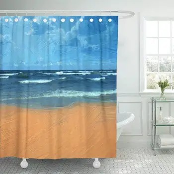 

Blue Coast Sea and Beach in Oil Painting Style Yellow Shore Beautiful Beauty Canvas Hot Decor Shower Curtains Bathroom Curtain