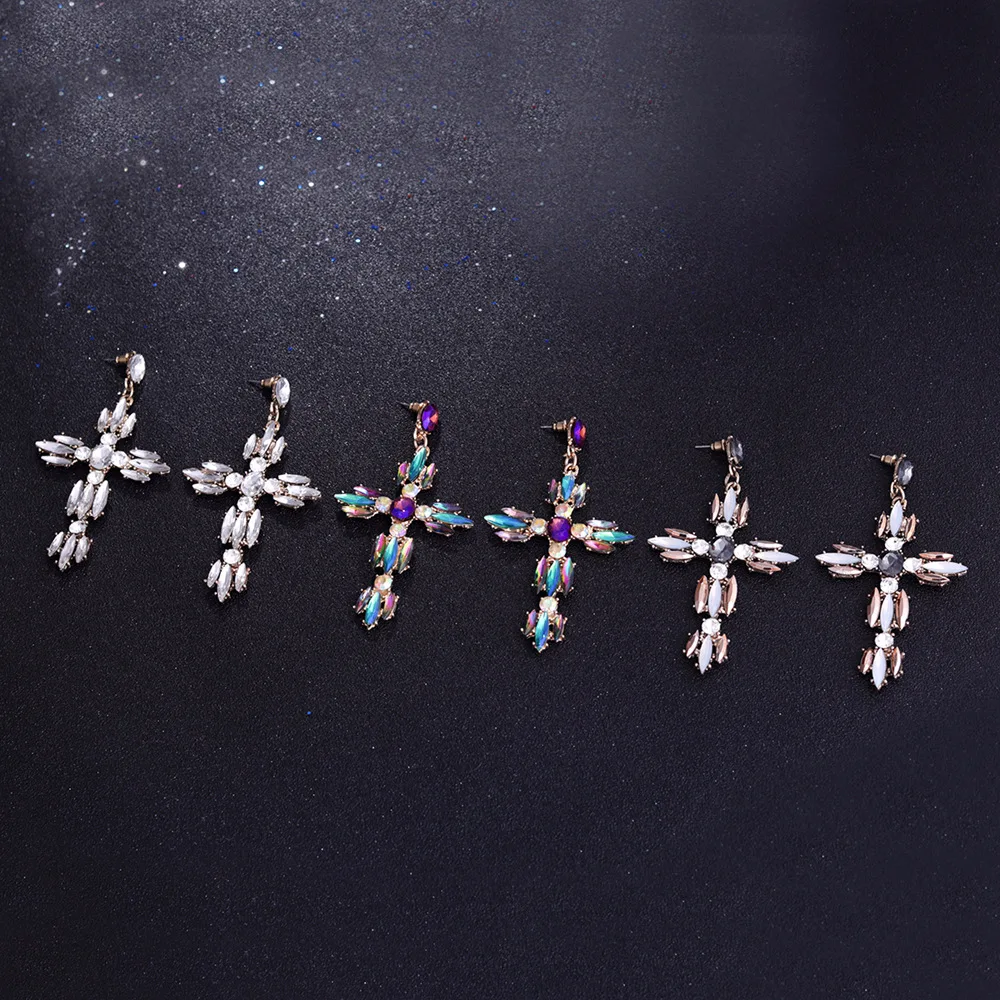 Цветные женские серьги с крестом, большие массивные серьги, летние серьги с кристаллами, красные, синие, модные ювелирные изделия, уникальный тренд