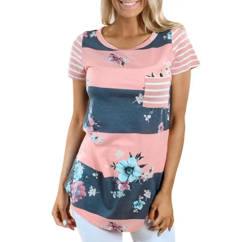 Милая богемная женская футболка, винтажный цветочный принт, топы с коротким рукавом, полосатая футболка с карманом для девочек, Camisetas Mujer, 3 цвета# L - Цвет: Pink