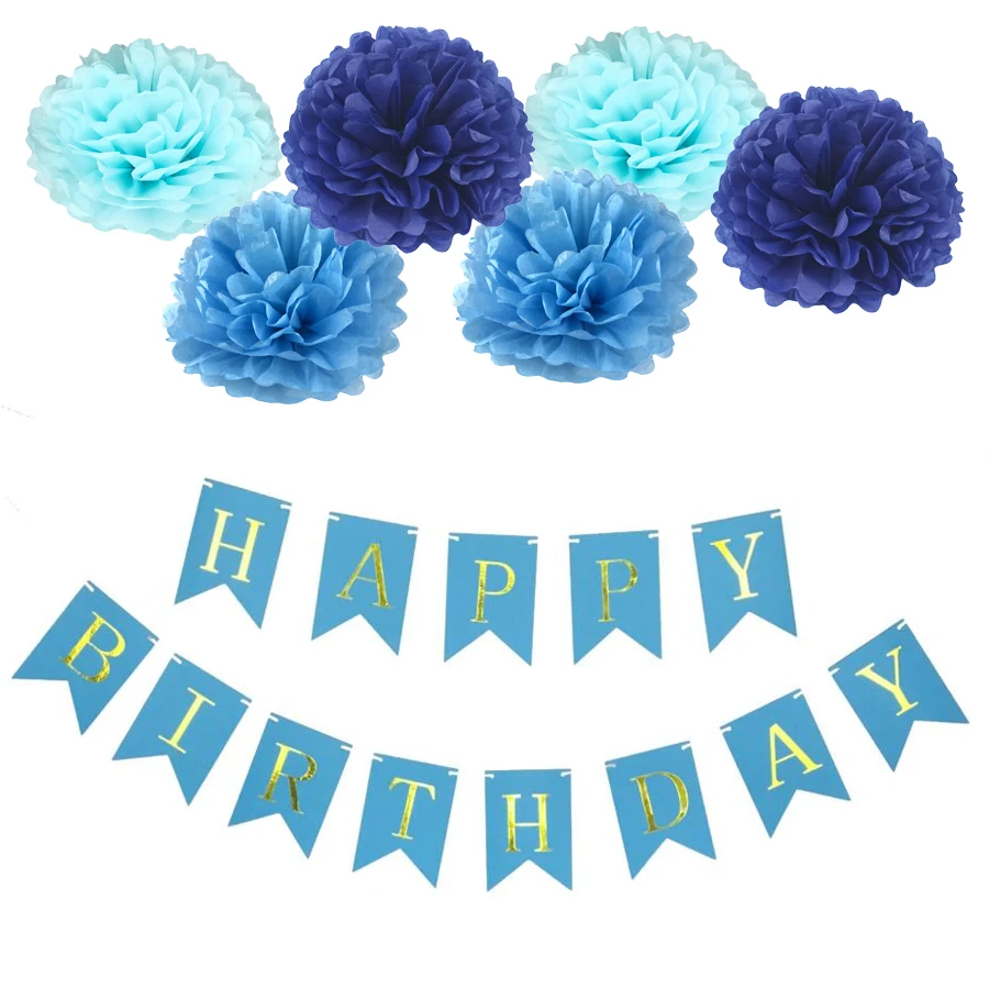 Baby Shower Decorations Kit IT/'s A BOY Banner BLUE Mix WHITE Pom Poms Flowers Pa