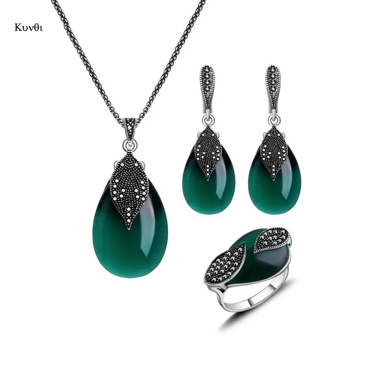 

Natural Stone Pendant Necklace Earrings Rings Sets for Women Hot Vintage Silver Red Green Water Drop Opal Jewelry Sets Gifts