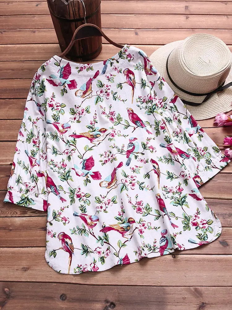 Large size women's shirt cotton and linen printed plus size 5XL 6XL 7XL 8XL 9XL summer round neck long sleeve loose white top