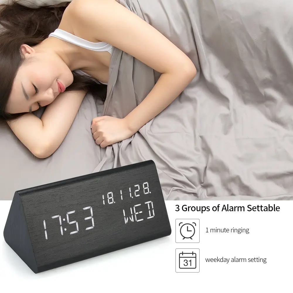 Wooden Table Clock LED Digital Alarm Clock USB/Battery Powered Dimmer Thermometer Desktop Clock with Sound Control 3 Alarms