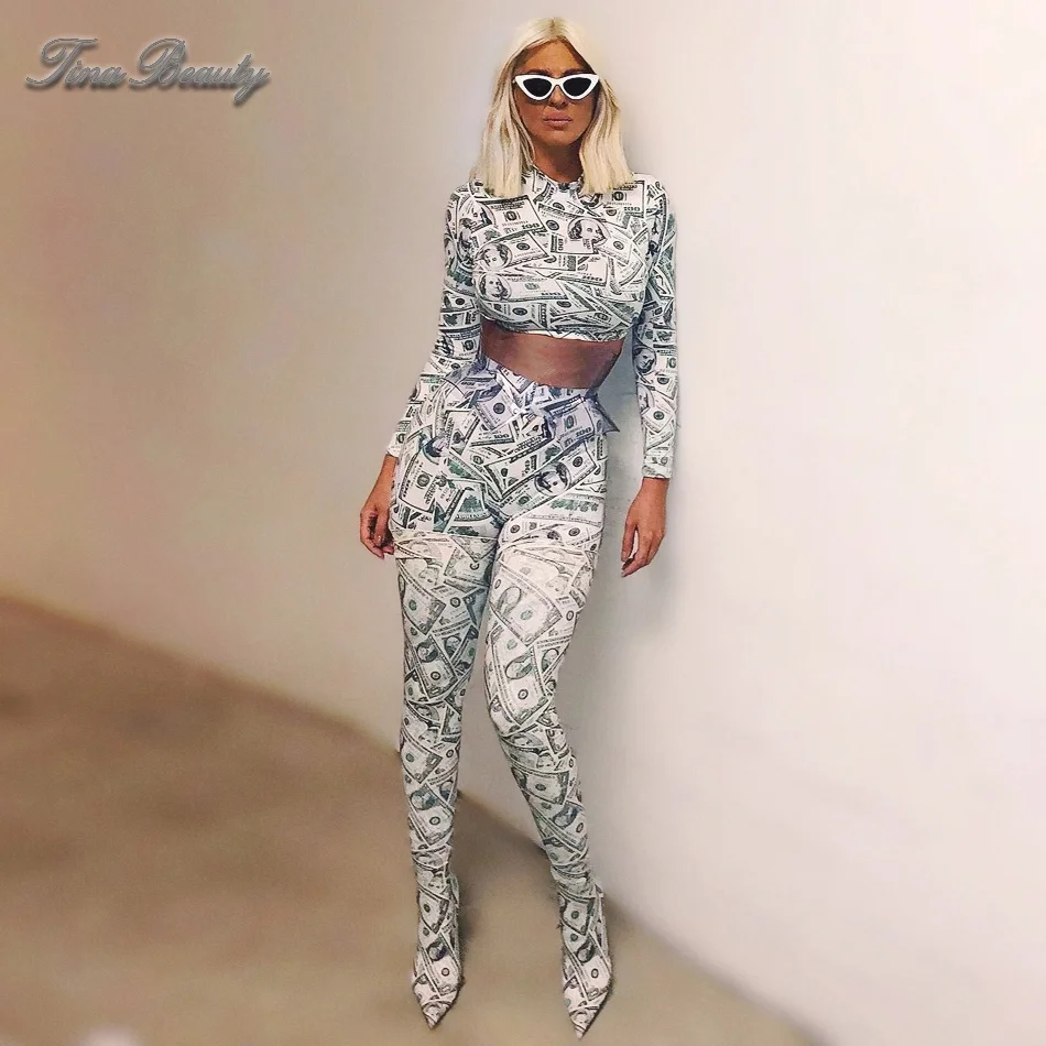 

2019 Spring Womens Dollar Print 2-Pcs Two Piece Sets Long Sleeve Midriff Print Top & Elastic Waist Skinny Silky Pants Tracksuit