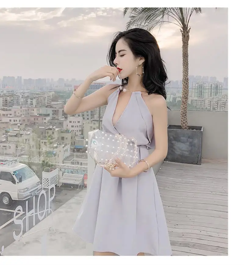 Halter Backless Sexy Women Dress Elegant Pearl Chain V Neck Sleeveless Evening Party Club Summer Dress Vestidos Female