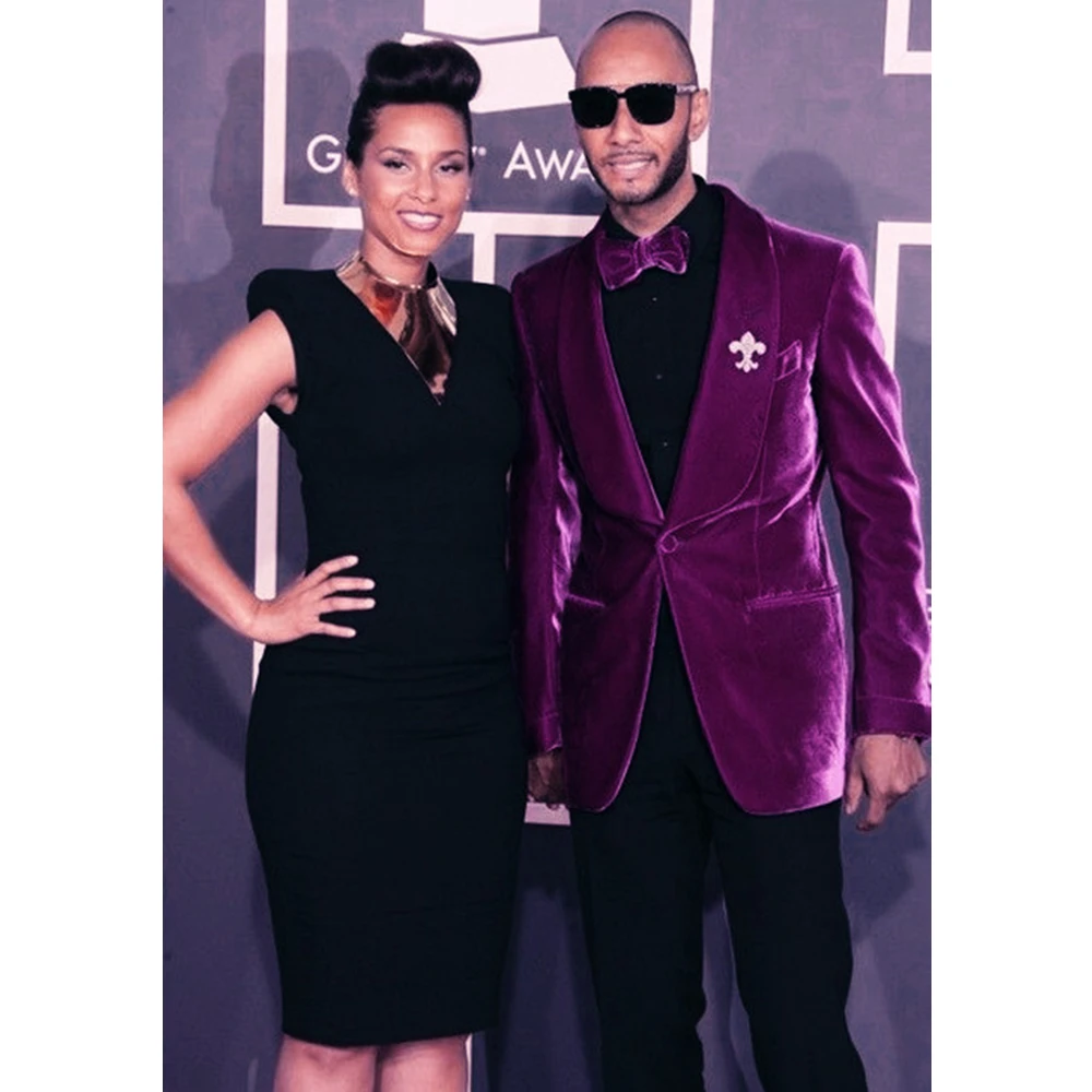 710 Latest Coat Pant Designs Purple Velvet Prom Men Suit Slim Fit Tuxedo 2 Pieces (Jacket+Pants) Custom Made Groom Suits Casual