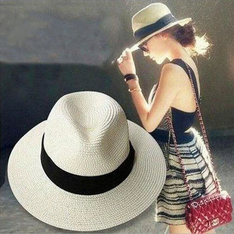 Ladies Beach Hat Wide Brim Straw Panama Roll up Hats Sea Sun Caps Golf pxg Summer Female Jazz Visor Cap Outdoor Camping Vacation (4)
