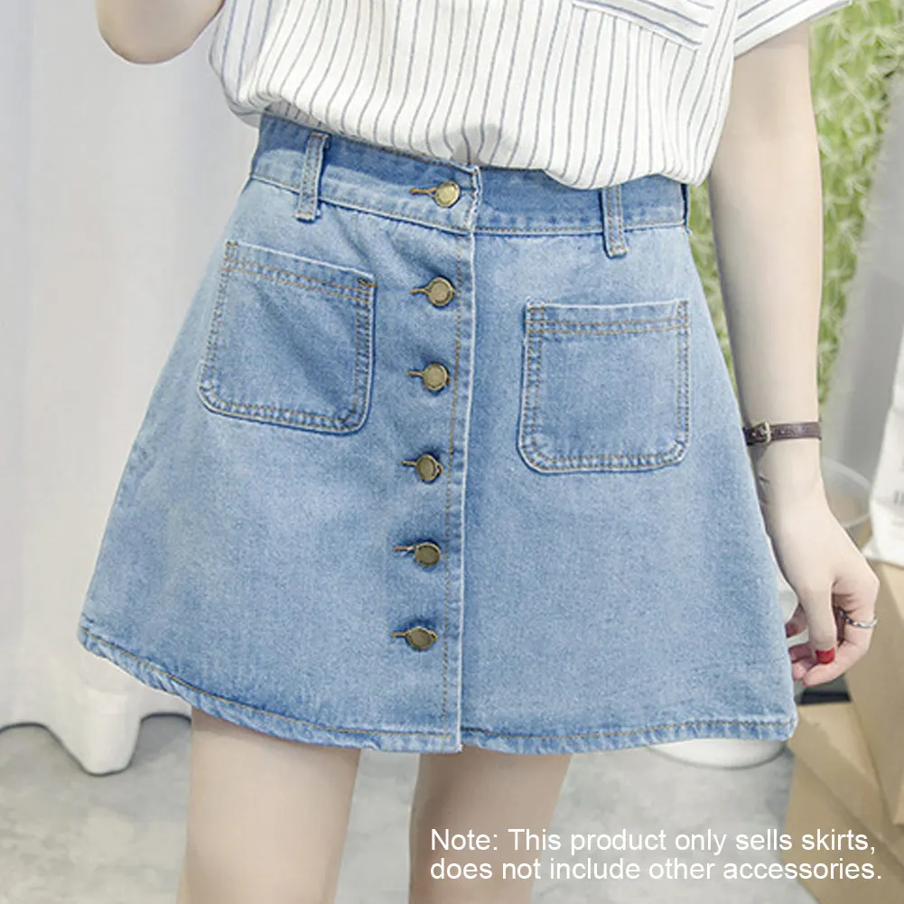 

2019 Hot Sales Summer Women Skirt Button Denim Skirt High Waist A-line Women Double Pockets Jean Mini Skirt Style