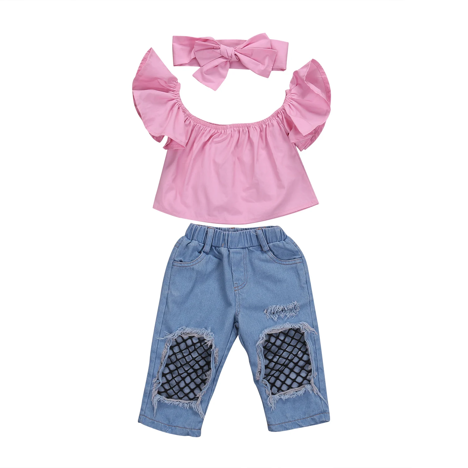 

Kids Baby Girls Clothes Set Off Shoulder Tops/Blouse+Denim Pants Net Mesh Stockings Ripped Big Hole Jeans Fashion Girls Clothing