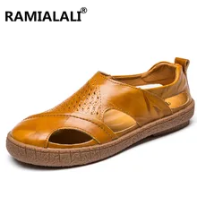 Новинка; модные роскошные мужские сандалии из кожи с натуральным лицевым покрытием; мужская обувь ручной работы; Летняя обувь из мягкой кожи; высококачественные пляжные сандалии на плоской подошве