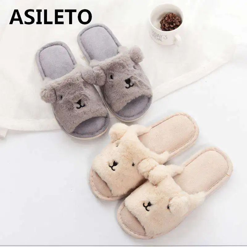 

ASILETO Winter Women fur House home Slippers Comfy Flat slippers Shoes cute dog Faux bunny fur flip flops size 36-41 pantufas