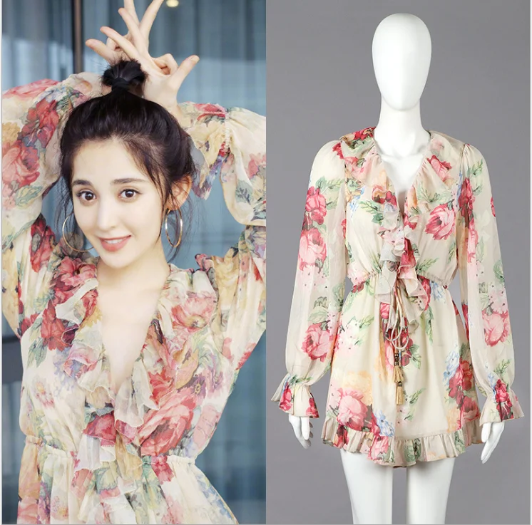 Горячая Распродажа летние женские Милые шифоновые Комбинезоны сексуальные V шеи фонарь рукав модные оборки печатные Костюмы