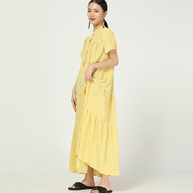 

LANMREM 2019 Autumn And Summer Stand Collar Single Breasted Polka Dots Printed Pullover Loose Long Dress Chiffon WH30007
