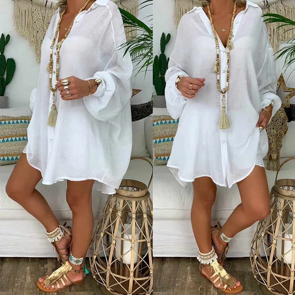 

Casual Cotton Linen Blouses Shirts Solid Button Long Sleeve Ladies Tops Plus Size Long Tunic Summer V Neck Thin Blouse Shirt