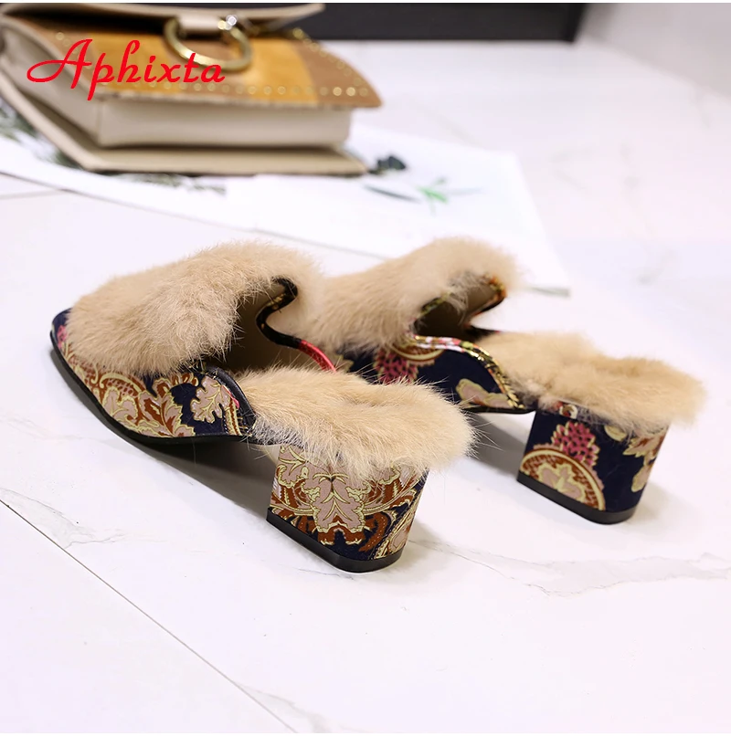 Aphixta Real Rabbit Hair Slippers Women Shoes Luxury Real Fur Square Heel Lady Warm Mujer Indoor Slides Plus Big Size 34-44