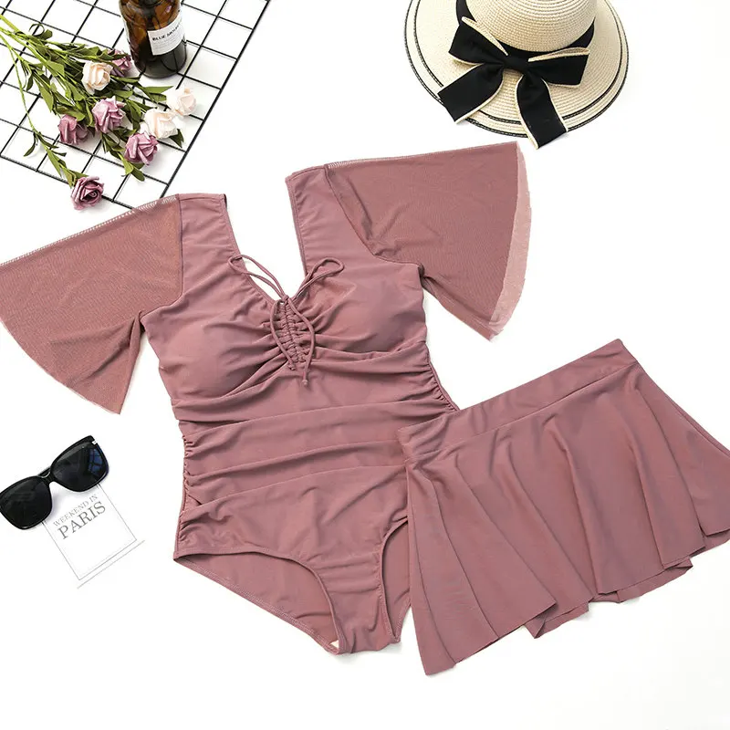 Женский купальник с коротким рукавом, купальные костюмы с юбкой размера плюс, женский купальник с большой чашкой, Одноцветный удобный купальник, пляжная одежда - Цвет: pink