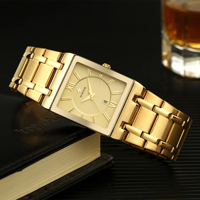 Cheap Gold Luxury Brand Mens Watches Business Watch Mens Military Quartz Square Watches Stainless Steel Strap Casual Wristwatch Gift