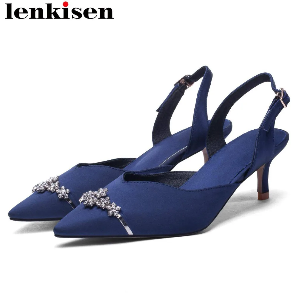 

Lenkisen elegant office lady crystal decoration buckle strap big size stiletto 6cm heels pointed toe slingback women sandals L61