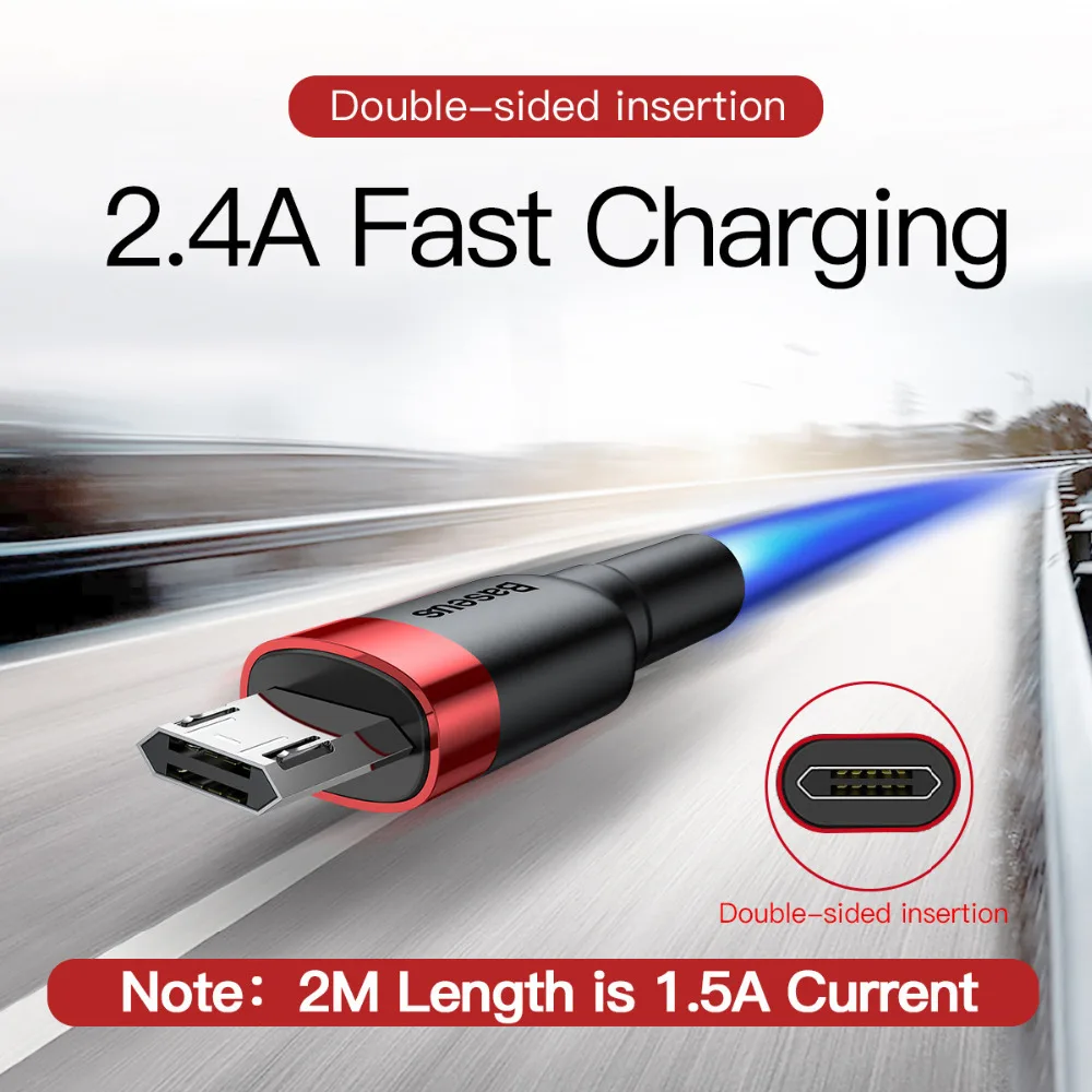 Baseus 1m 2m Micro USB Cable for Xiaomi Redmi Note 5 Pro 4 Reversible Micro USB Charger Data Cable for Samsung S7 Mobile Phone