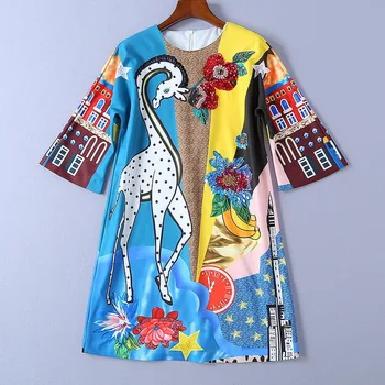 

European and American women's 2018 winter clothing new 7 minutes of sleeve Giraffe print Nail bead sequins dress