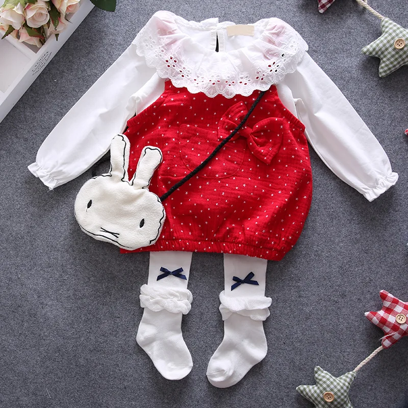 

2016autumn winter flounced t shirt+polka dot strap dress 2pcs baby clothes sets roupa infantil toddler girls suit newborn outfit