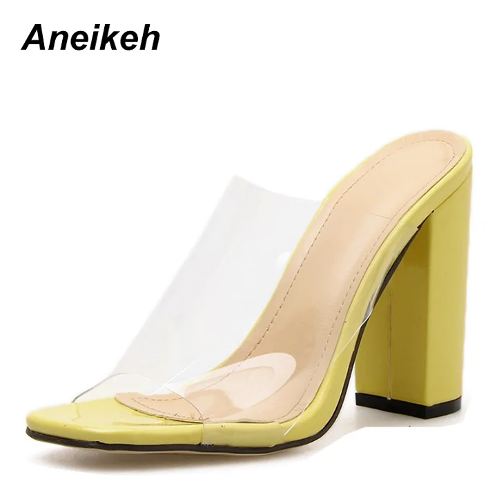 Aneikeh/ г. Модные пикантные прозрачные Шлепанцы из ПВХ, новинка, женская обувь с открытым носком на высоком квадратном каблуке - Цвет: yellow