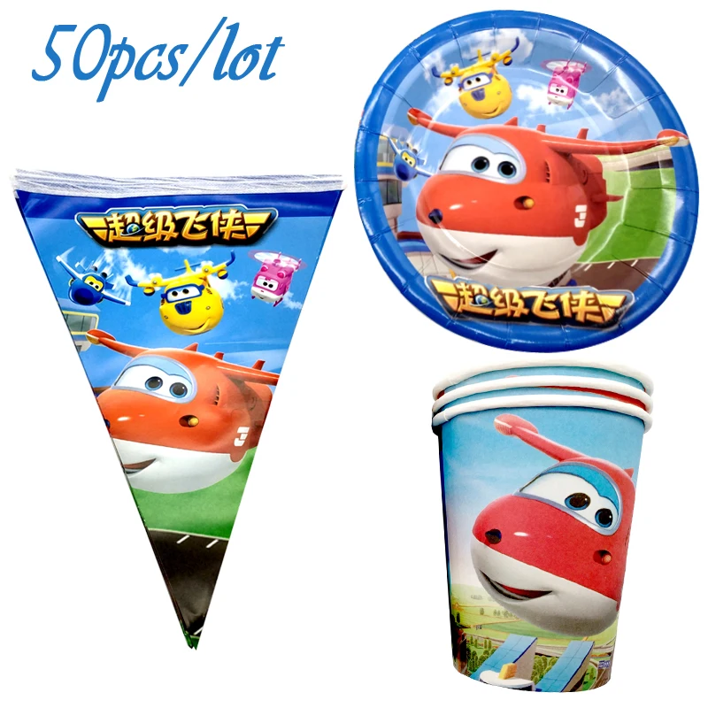 

Birthday Party Super Wings Hanging Banner Decoration Tableware Set Boys Favors Flags Baby Shower Superwings Cups Plates 50pcs