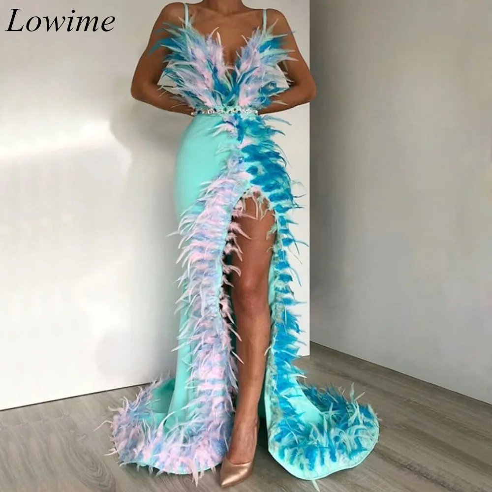 

New High Fashion Mermaid Prom Dresses 2019 Long Feathers Side Split Arabic Evening Prom Party Gowns вечернее платье Custom