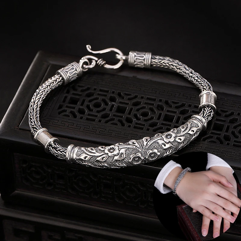 

S925 Sterling Silver Plum Embossed Pattern Bracelets Retro Hemp Rope Handmade Thai Silver Braided Twist Women Men Bracelet Gifts