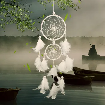 

Outdoor Garden Decoration White Feathers Two Ring Dream Catcher Garden Life Wind Chime Pearl Pendant Wedding Decoration Feather