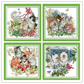

Everlasting Love Four Seasons Cats Chinese Cross Stitch Kits Ecological Cotton Stamped Printed 14 11CT DIY New Year Decorations