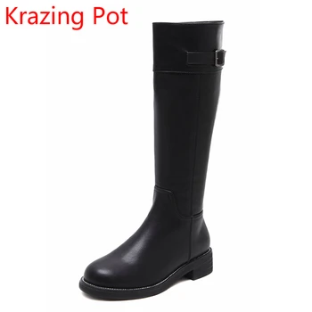 

2018 New Arrival Round Toe Keep Warm PU Winter Boots Zipper Thigh High Boots Thick Heel Metal Buckle Riding Boots for Women L6f5