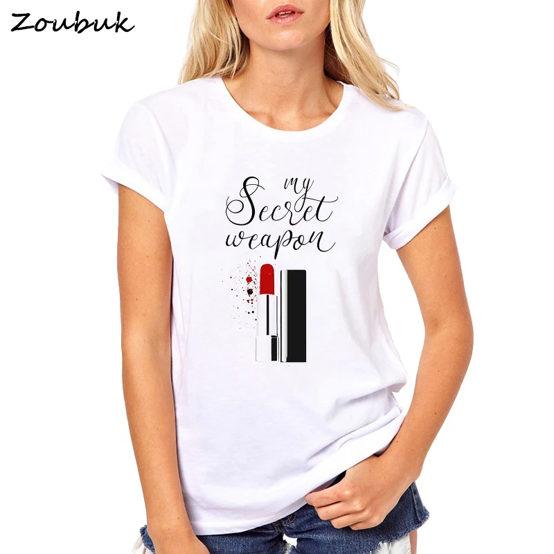 Las mujeres vogue t camisa mi arma secreta lápiz labial blanco impreso camiseta mujer camisetas mujer cuello redondo Camiseta mujer camiseta Las mujeres vogue t camisa mi arma secreta lápiz labial blanco impreso camiseta mujer camisetas mujer cuello redondo Camiseta mujer camiseta