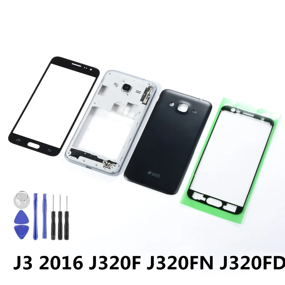 Для samsung Galaxy J3 J320F J320FN J320FD корпус средняя рамка Задняя крышка батареи+ Передний сенсорный экран сенсор+ клей+ инструменты