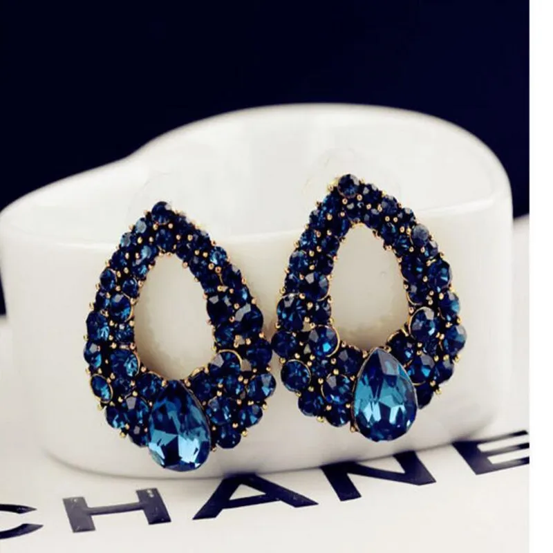 

Fashion Crystal Blue Rhinestone Earrings Tear Drop shaped Flower Earrings For Women
