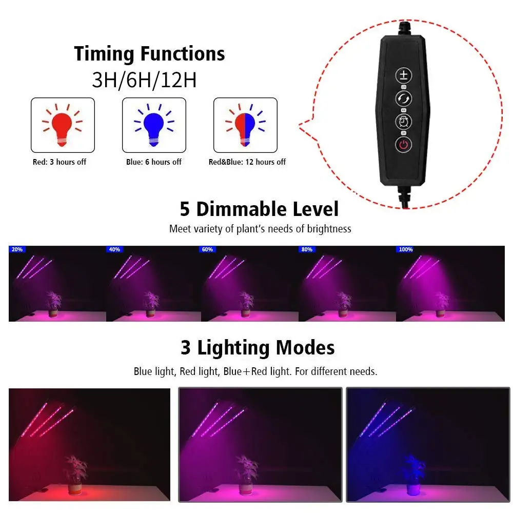 Обновленная версия 18/36 Вт лампа для растений светильник, светодиодный Лампа для выращивания растений с питанием от источника с 3/6/12H таймер, 3-головка разделить Управление регулируемые гусиная шея» Функция