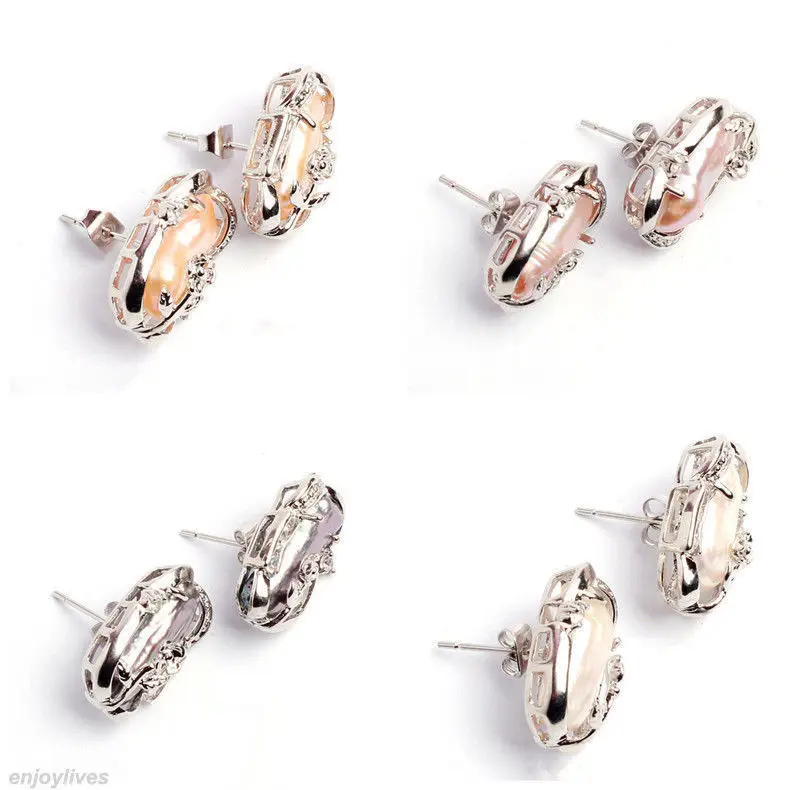

Free shipping Natural Black White Pink Purple Baroque Pearl 18KWGP Crystal Flower Earrings