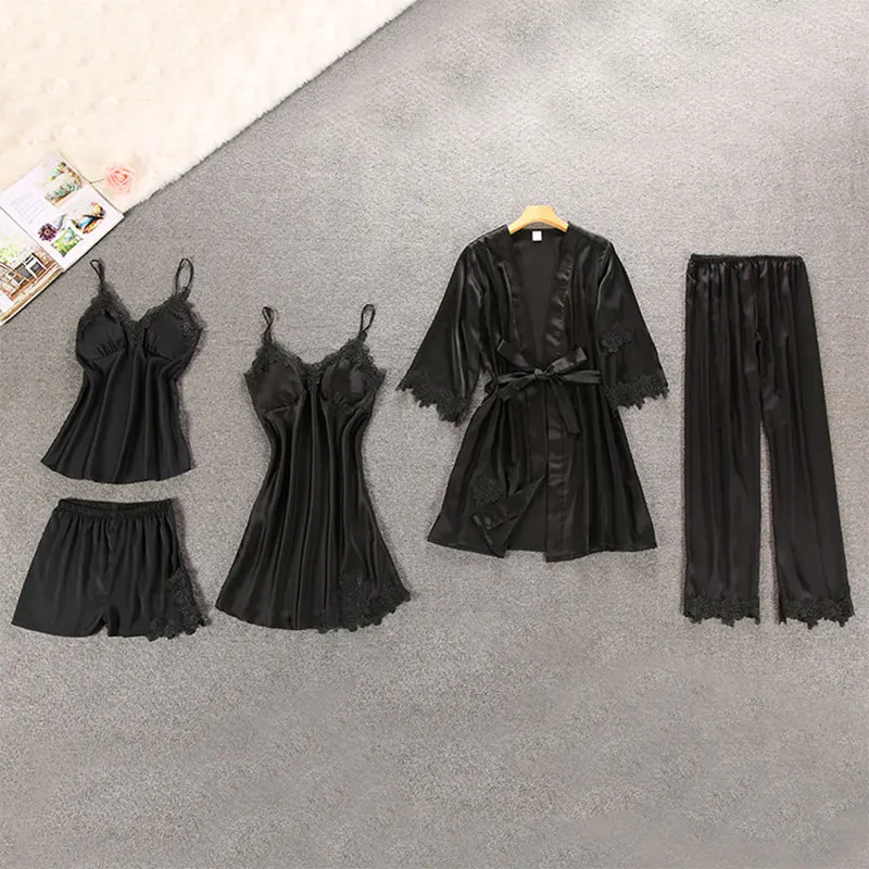Женский комплект из 5 предметов, кружевная Пижама с вышивкой, шелковые шорты без бретелек, сексуальная Элегантная ночная рубашка для женщин, весна, Женская домашняя одежда - Цвет: black
