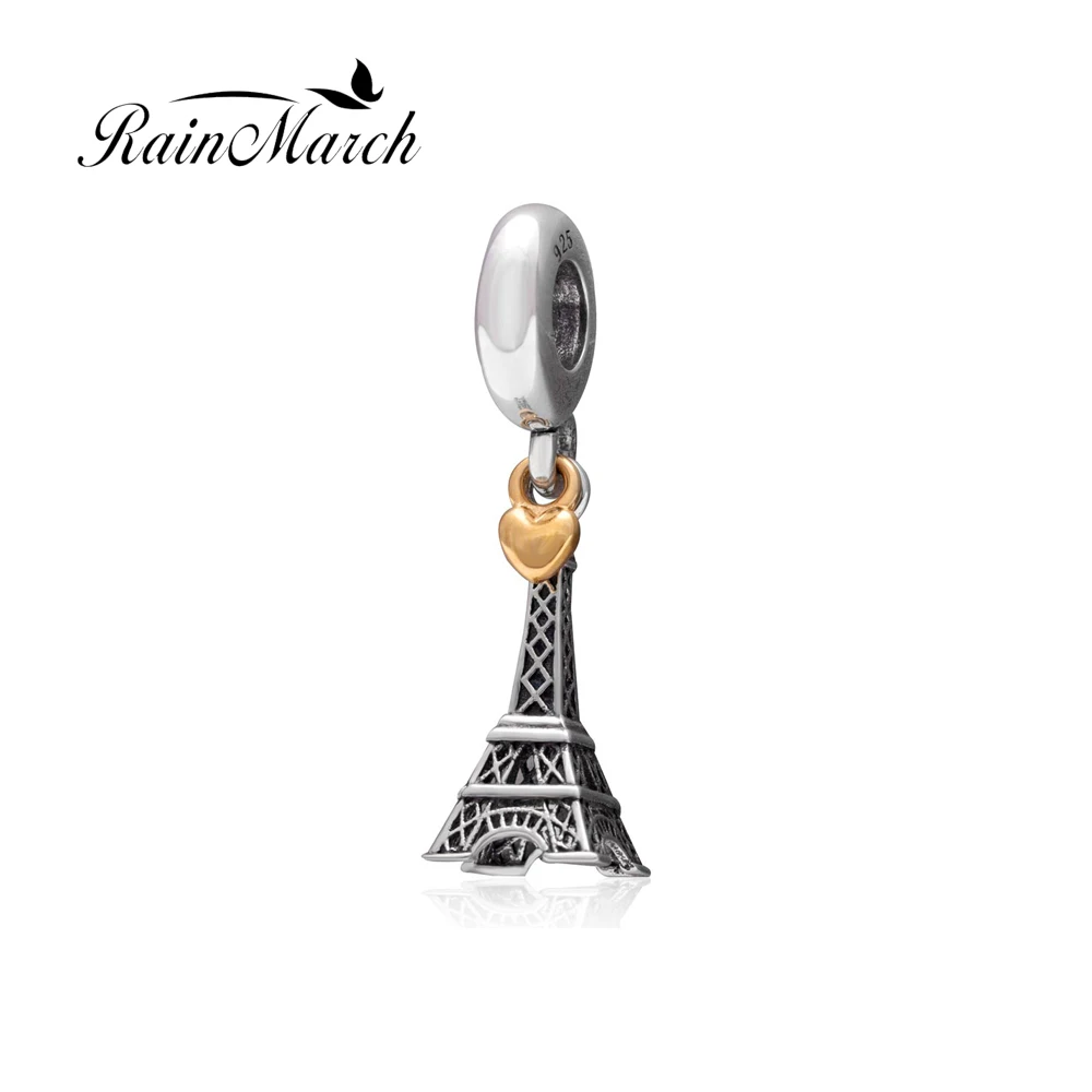 Authentic 925 Sterling Silver eiffel tower beads with gold plate heart