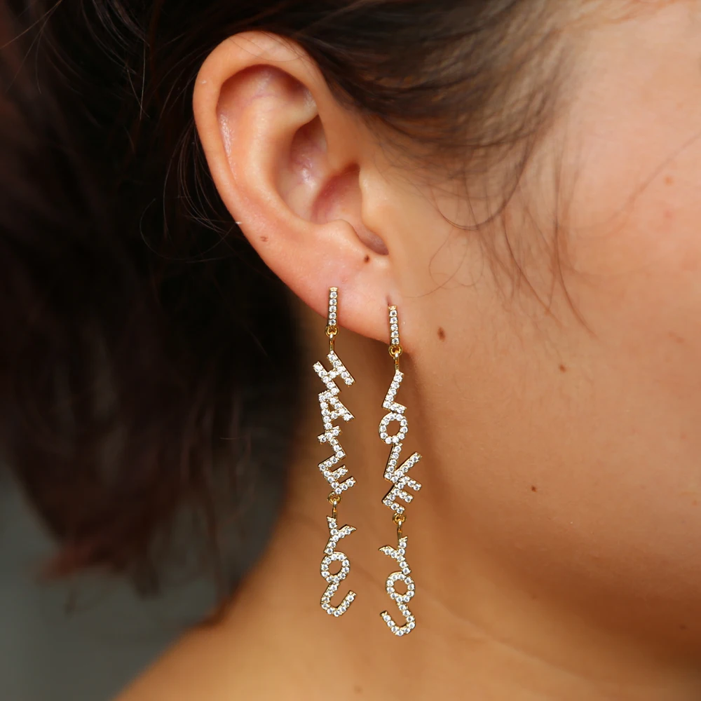 

New Creative Letter LOVE YOU HERT YOU Dangle Earrings Shiny CZ Crystal Personalize Fashion Punk Long Drop Earring Women Brincos