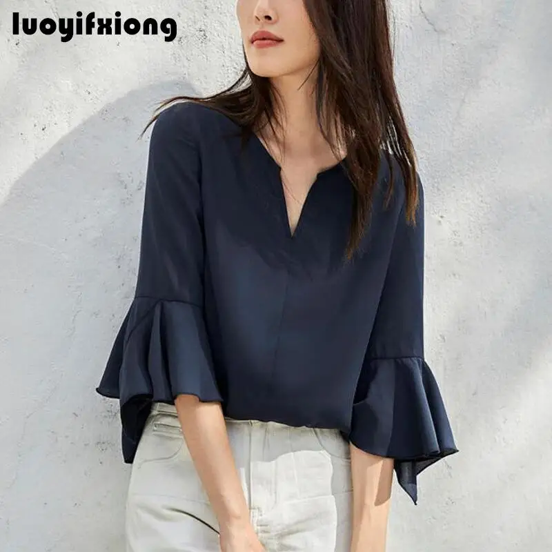 

Blusas Mujer De Moda 2019 Summer Chiffon Blouse Short Sleeve V-neck Women Tops and Blouses Office Women Shirts Camisas Mujer