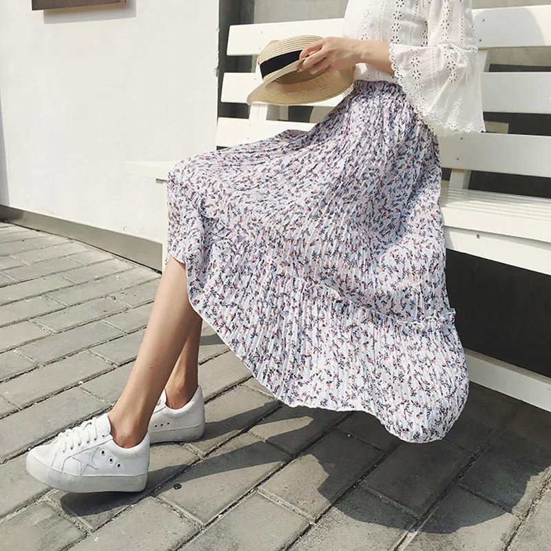 

Womens Elastic Waist Midi Chiffon Skirts Summer New Fashion Floral Print Pleated Skirt For Women Ladies Casual All-Match Skirts